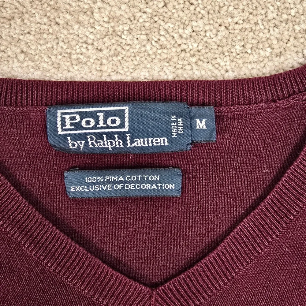 Polo Ralph Lauren Mens Pima Cotton‎ V-Neck Sweater Burgundy Maroon Pony Logo M